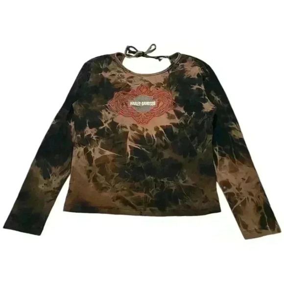 Harley Davidson Y2K Bleach Tie-Dyed Flame Long Sleeve - Picture 1 of 5